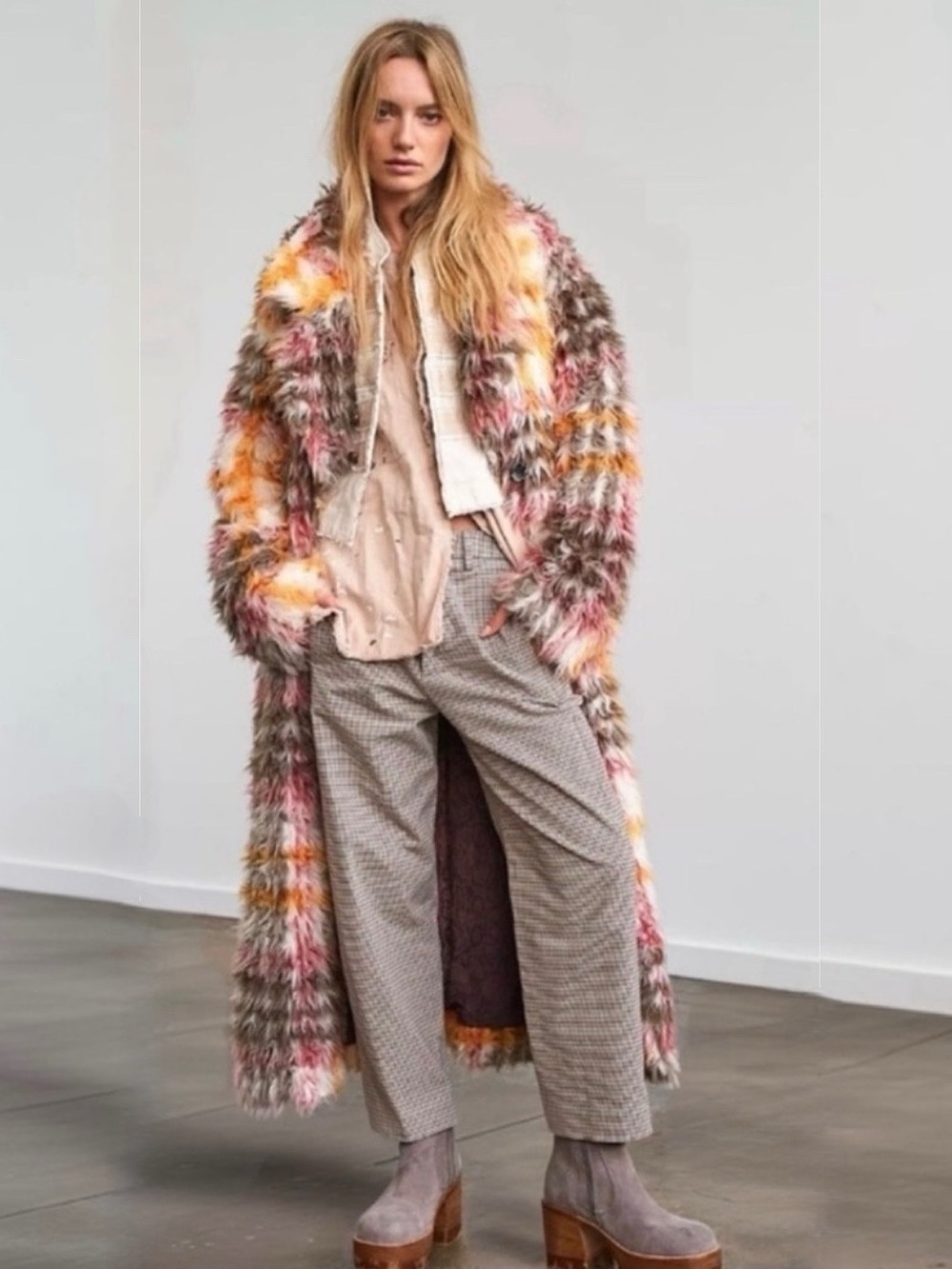 FREE PEOPLE CARDI PLAID FAUX FUR COAT